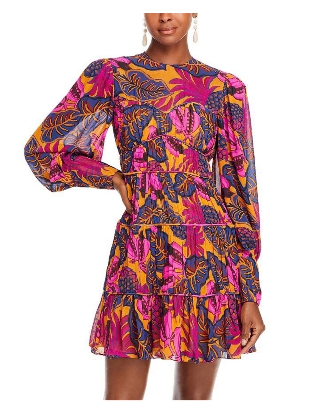 FARM Rio Yellow Fruit Dream
Long Sleeve Mini Dress Pleated
Ruffle Tiered SzM NWT
